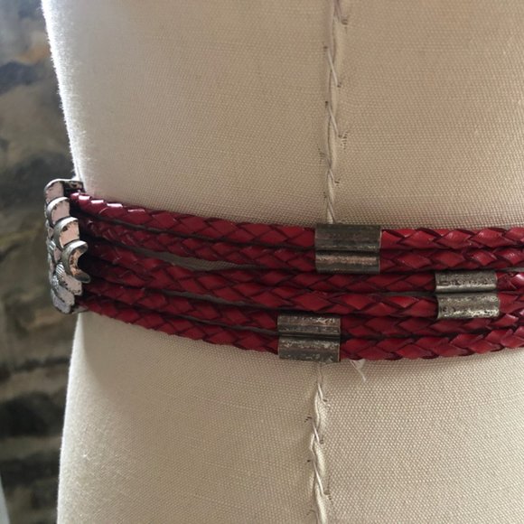 Vintage Red Leather Braided Belt with Silver - Picture 4 of 9